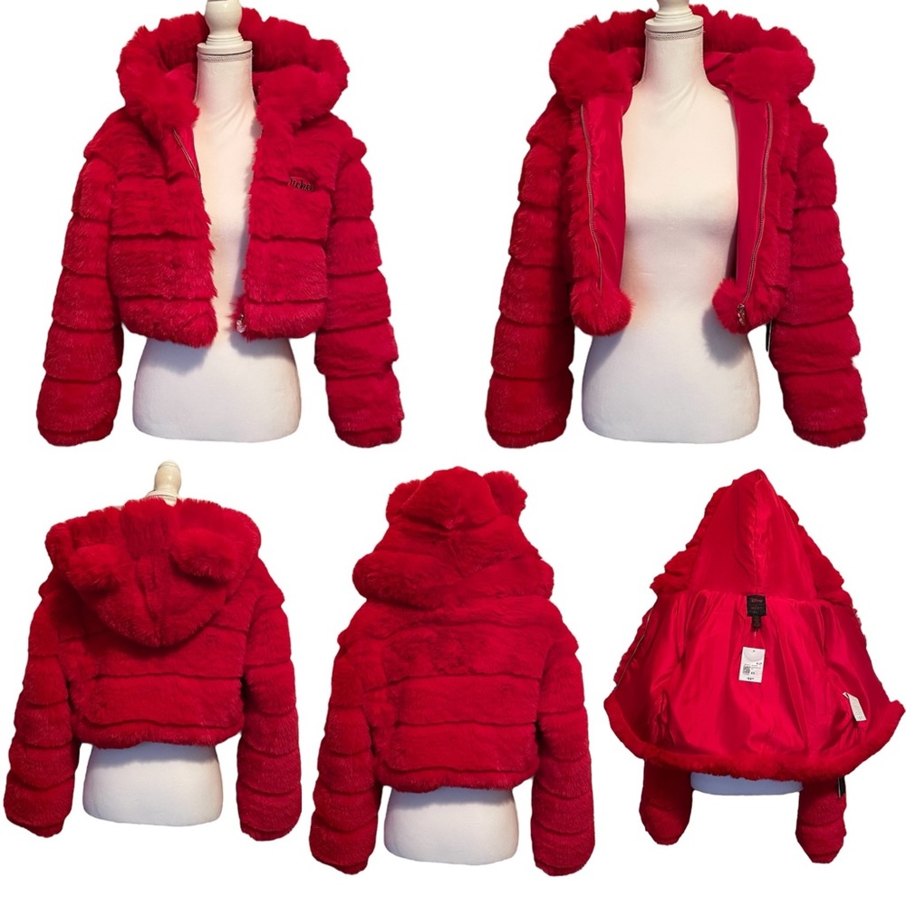 Forever 21 x Disney Mickey Mouse Faux Fur Cropped Red Hooded Puffer Jacket Small - Picture 3 of 16